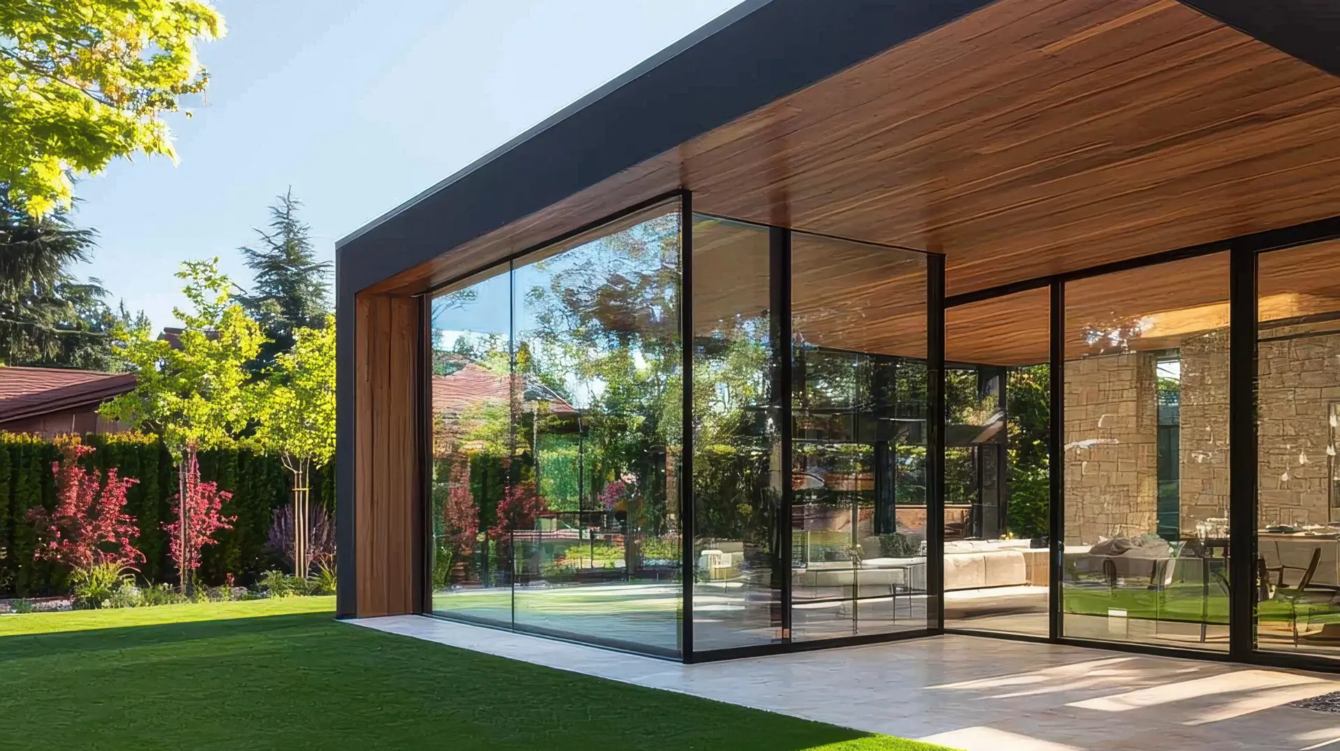 Striking modern home exterior showcasing custom wood craftsmanship and dark siding. Ideal for luxury real estate, roofing, and architectural design marketing materials.