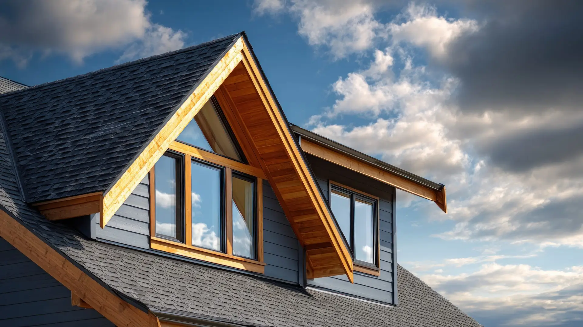 A close-up, upward-angled view of a modern residential roof, featuring dark gray asphalt shingles with a subtle textured pattern. A prominent triangular dormer protrudes from the roofline, framed by warm, light brown wooden eaves and trim. The dormer's front face incorporates a large, multi-paned triangular window, reflecting soft ambient light, set against a panel of muted blue siding. The crisp edges of the roof and dormer create strong diagonal leading lines, drawing the eye upwards towards a vibrant blue sky adorned with scattered, fluffy white clouds. The overall lighting is bright and even, highlighting the architectural details and the varying textures of the materials. The mood is serene and clean, showcasing contemporary design with natural wood accents. --ar 16:9 --stylize 250 --v 7 Job ID: dfbf3051-4f16-402b-97df-c78201c4c028