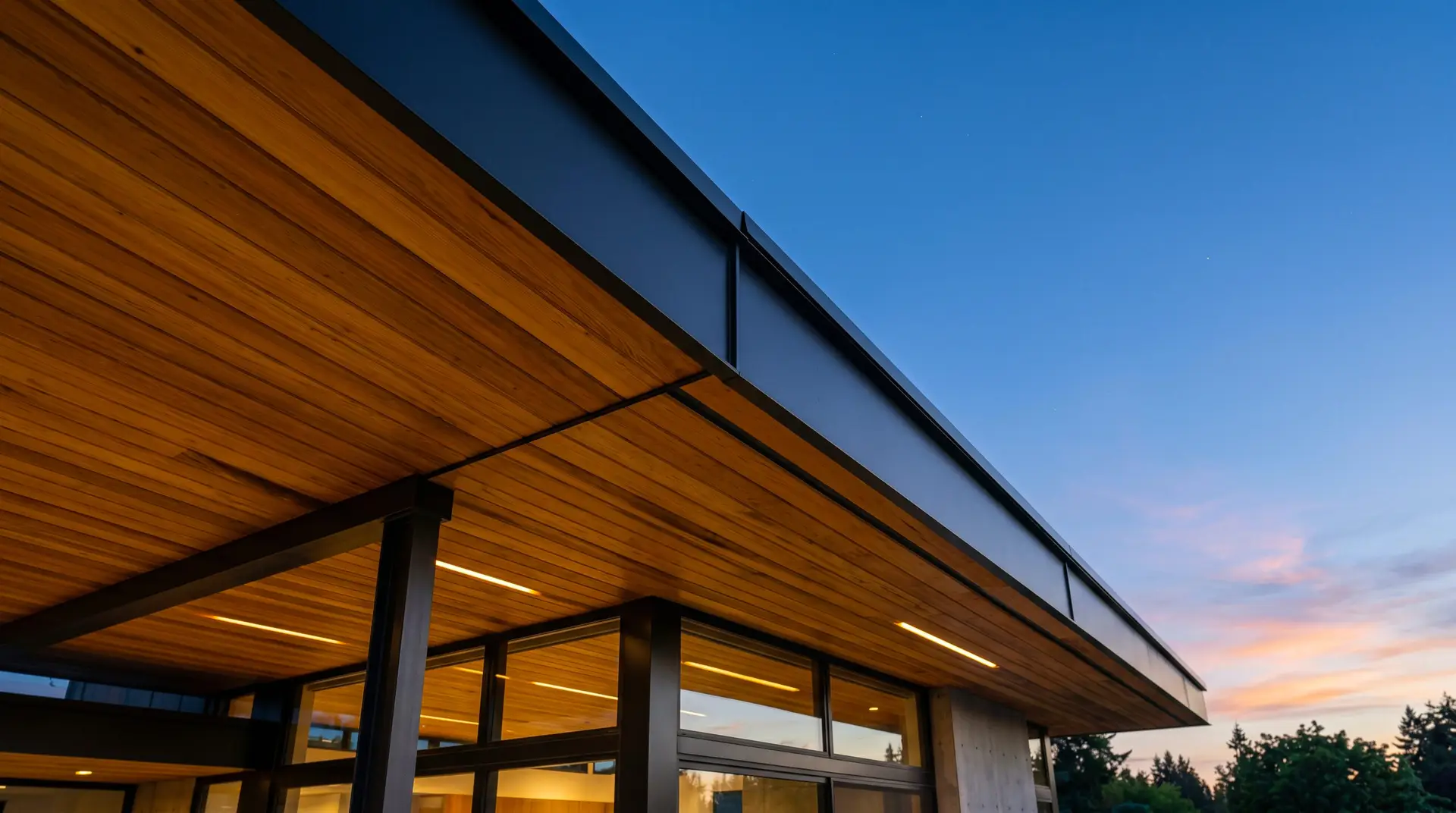 Modern Flat Roof Overhang with Cedar Wood Soffit and Black Metal Fascia